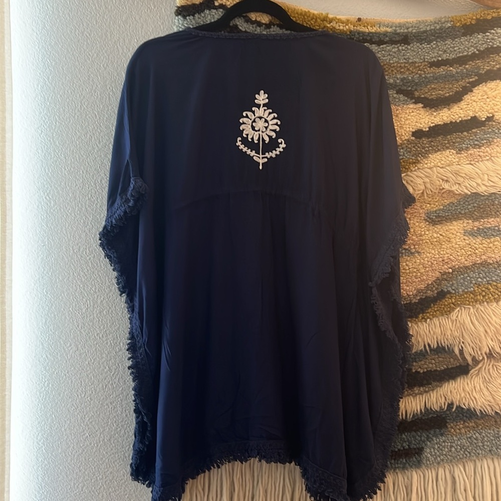 BOHO ME Navy/White Embroidered Tunic Mini Dress Kaftan Swim Cover-Up Women's' L - Picture 7 of 10